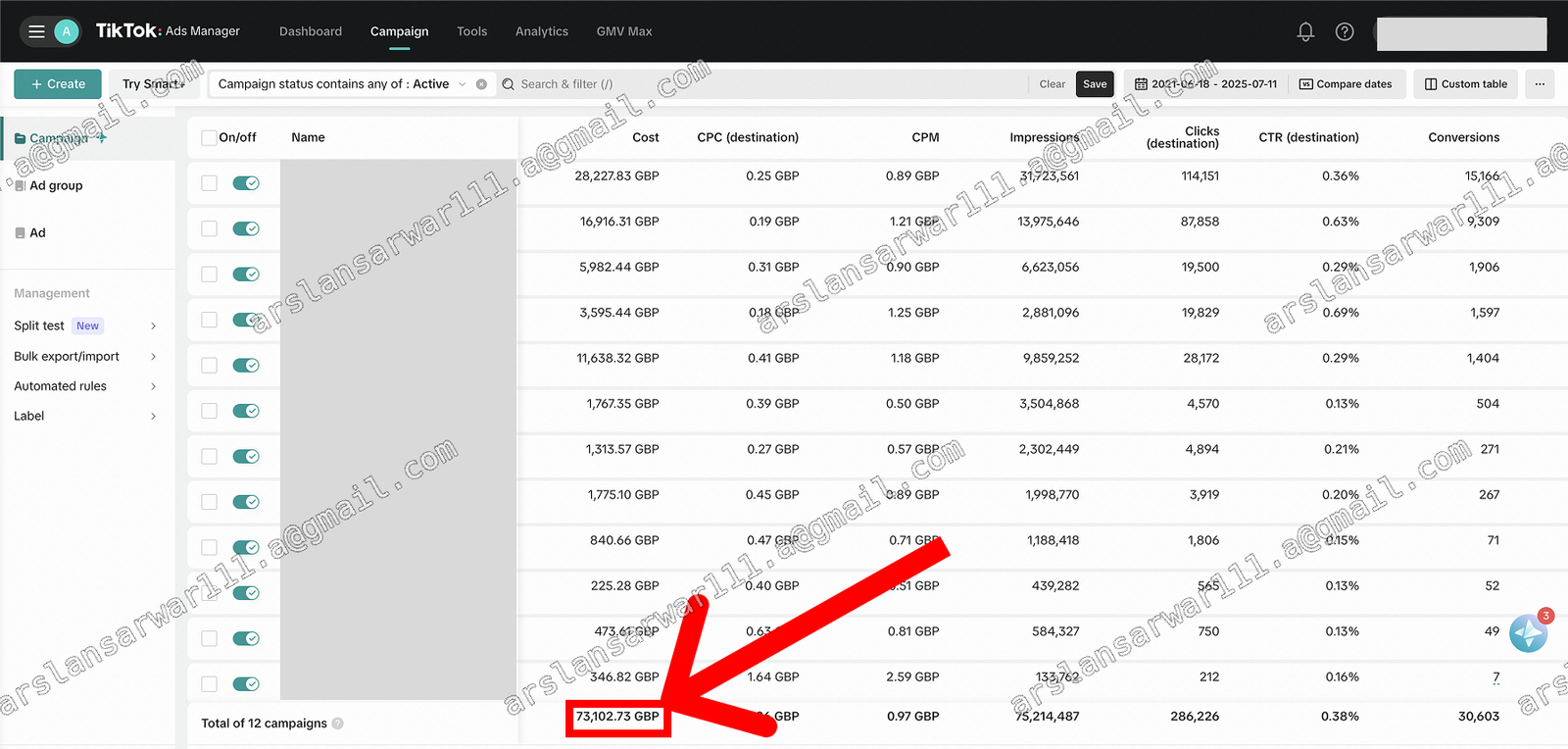 Klarna TikTok Ads Manager performance dashboard